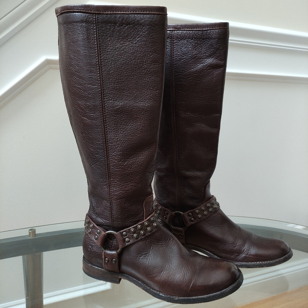 FRYE Phillip Studded Brown Leather Harness Tall Leather Boots women's 9B